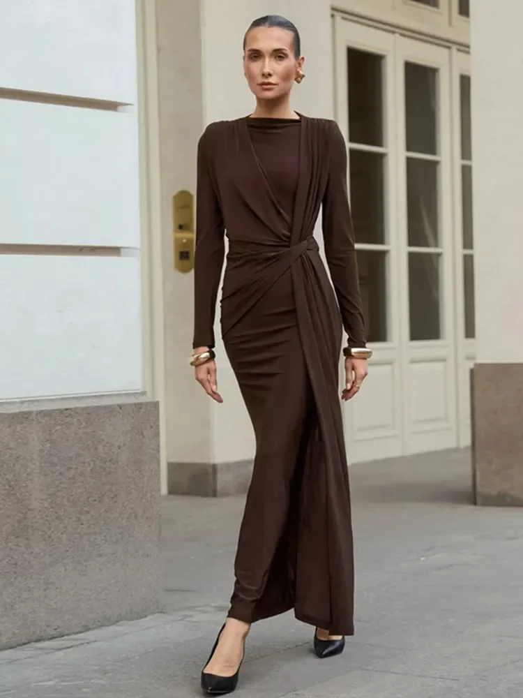 

Fashion Autumn French Long Dresses Women Clothing Elegant High Waist Ruched Slimming Evening Dress Long Sleeve Solid Color
