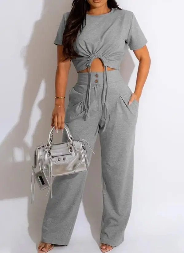 

Round Neck Drawstring Short Top and Ribbed Button Pants Set 2023 New Hot Selling Fashion Women's Clothing