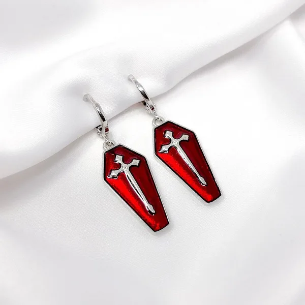 Retro Gothic Cross Coffin Pendant Earrings Fashion Personality Male and Female Dangle Earrings Halloween Alternative Jewelry