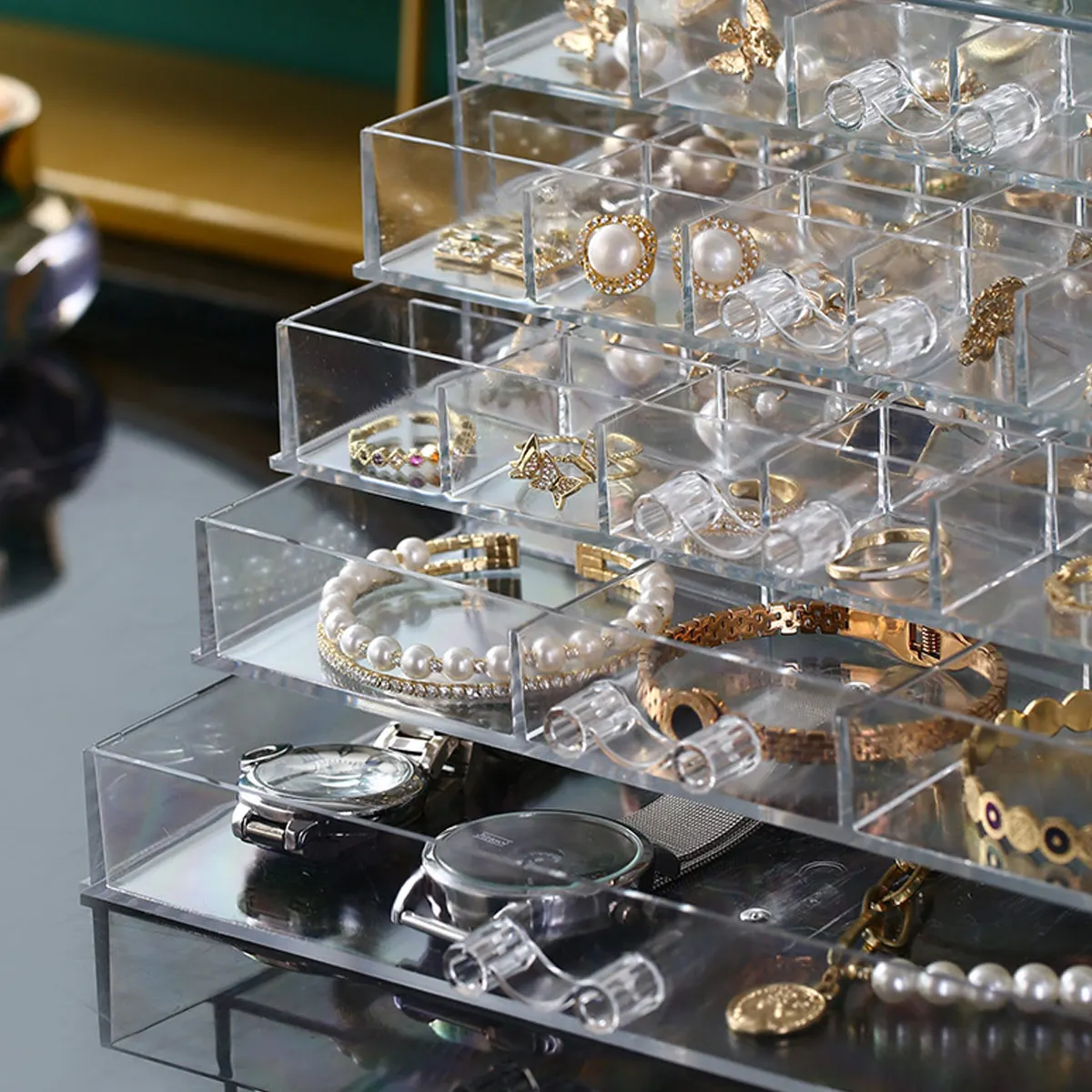 1 Stück Schmuck-Aufbewahrungsbox, Transparente Präsentationsbox, Organizer für Ohrringe, Ringe, Halsketten mit Fächern – Detail 2