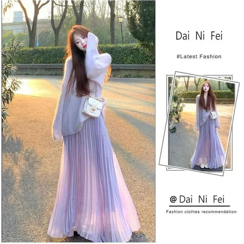 

Set Women's 2025 Spring and Autumn New Korean Purple Knitwear Blouse Skirt Two-piece Set