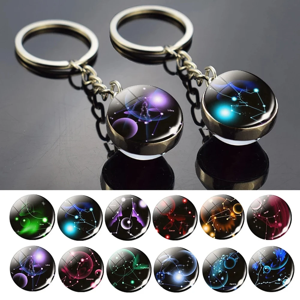 

Key Chain Holder Birthday Gift Pendant Glass Ball Leo Jewelry Keychain Zodiac Keychain Key Rings 12 Constellation