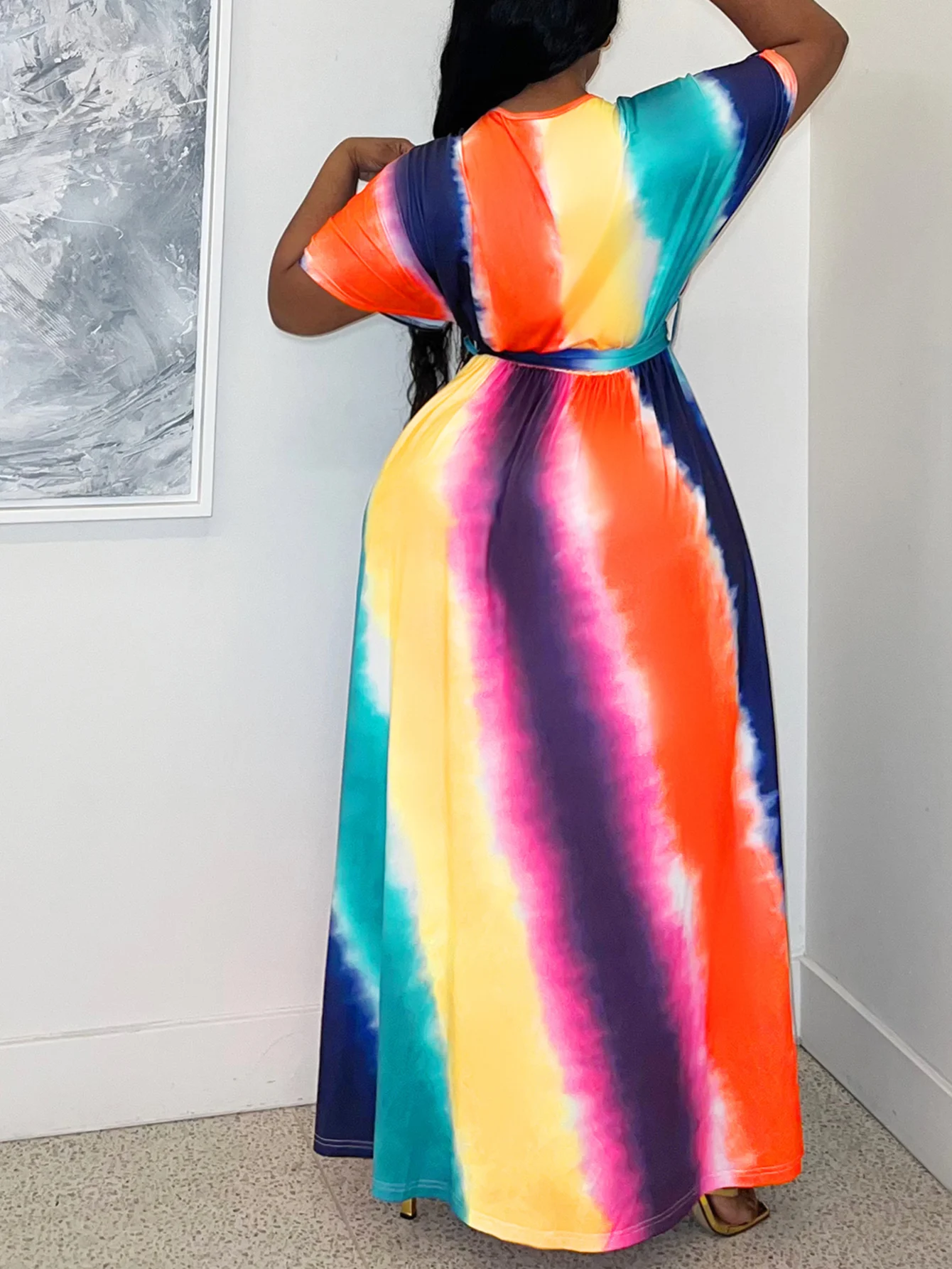 LW Plus Size Tie Dye Belt Design Dress Summer Vacation Style Color Contrast A-line Dress Short Sleeve V Neck Floor Length Dress