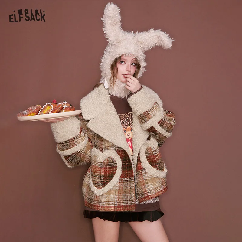

ELFSACK Y2K Casual Plaid Plush Collar Heart Pocket Faux Wool Jacket For Women