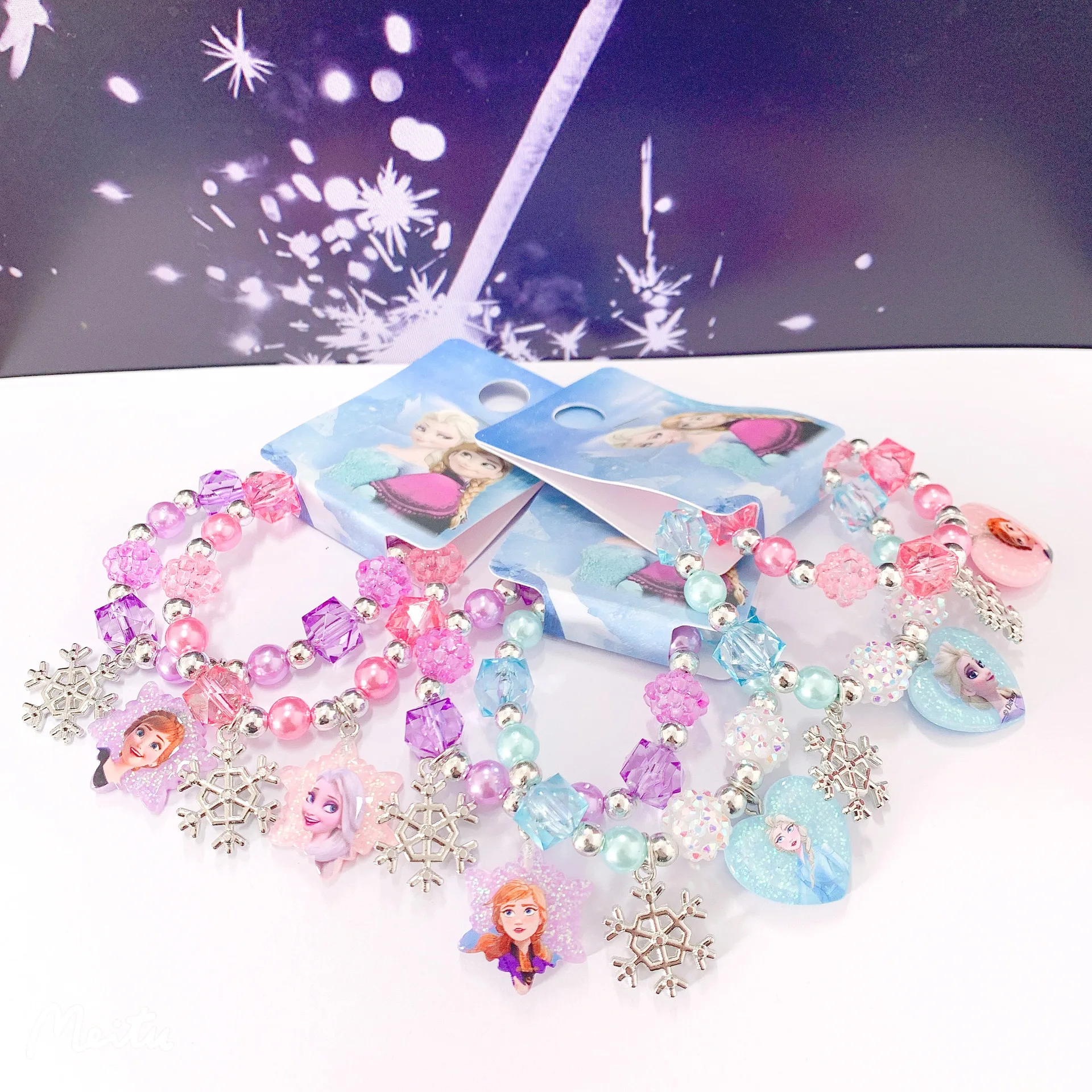 2pcs Disney Stitch Beaded Bracelet, Frozen Elsa Princess Snowflake Pendant Bracelet, Girl Cartoon Accessory, Birthday Gift