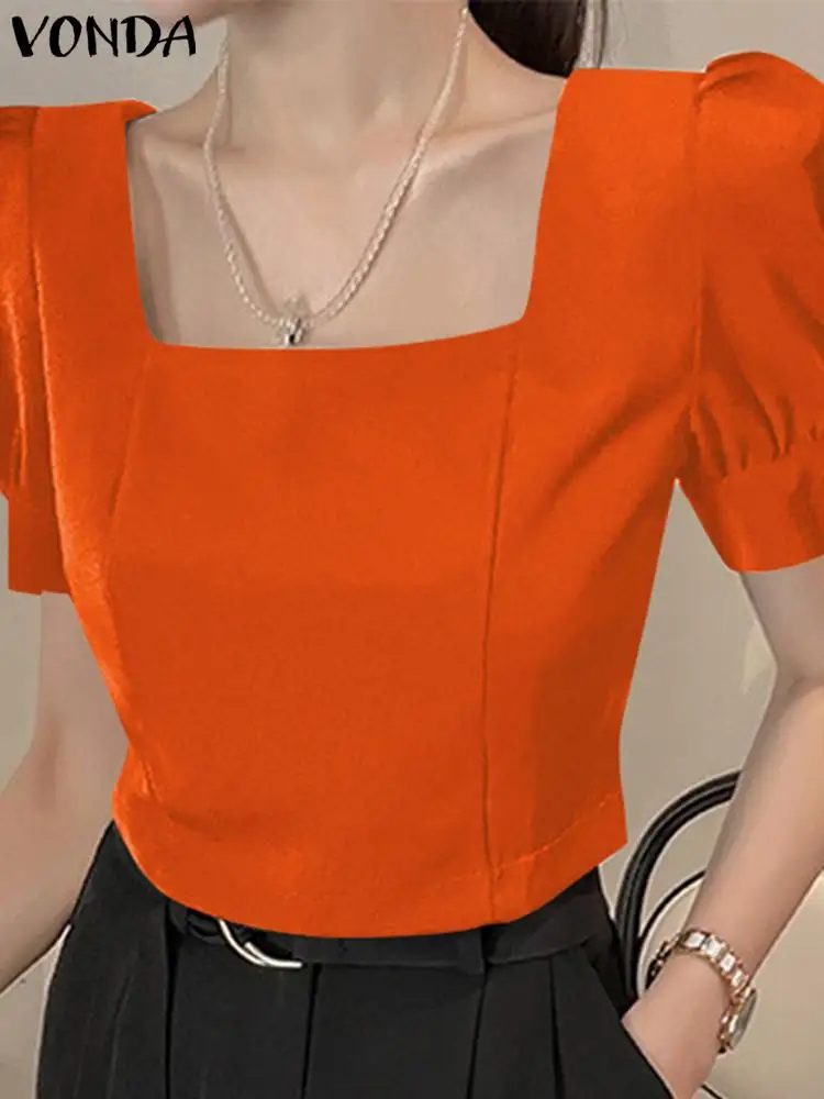 VONDA Women Short Sleeve Shirts 2024 Summer Sexy Square Collar Blouse Solid Color Blusas Elegant Tops Casual Blusas Femininas