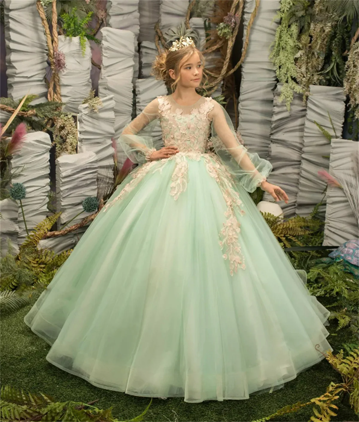 Vestido de flores para niña, traje verde de tul esponjoso, apliques de Chroma, vestido elegante de flores para fiesta de cumpleaños