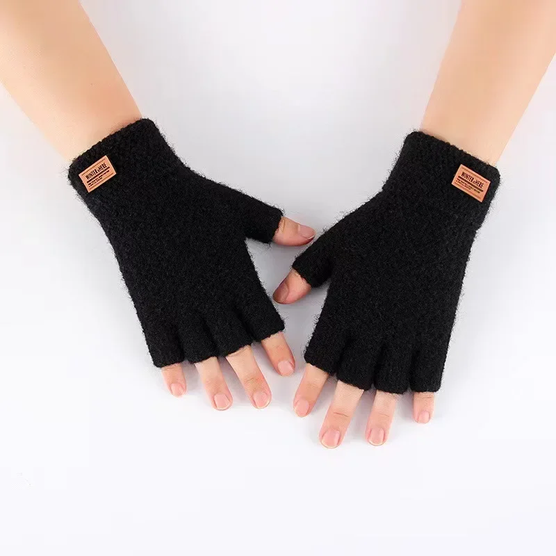 Gants d\'hiver sans doigts pour hommes, demi-doigt écriture bureau tricoté en laine d\'alpaga chaud avec étiquette en cuir, gants de conduite