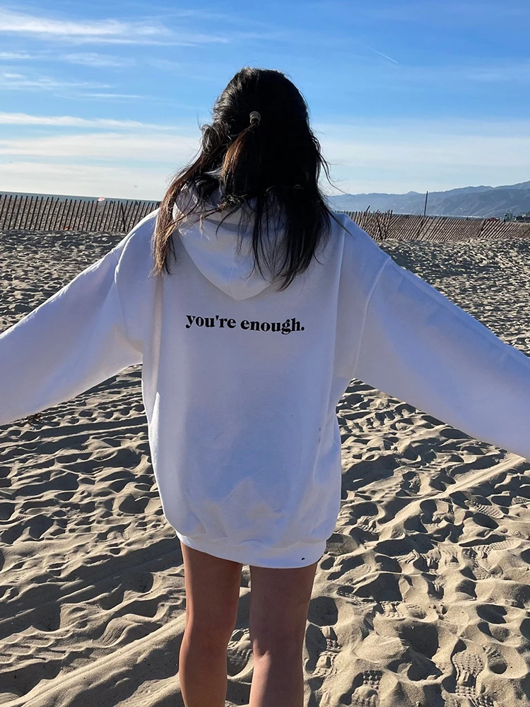 

You're Enough Letter Printed Female Cotton Long Sleeves Oversized All-math Pocket Hoodies Creativity Casual Womens Sweatshirts