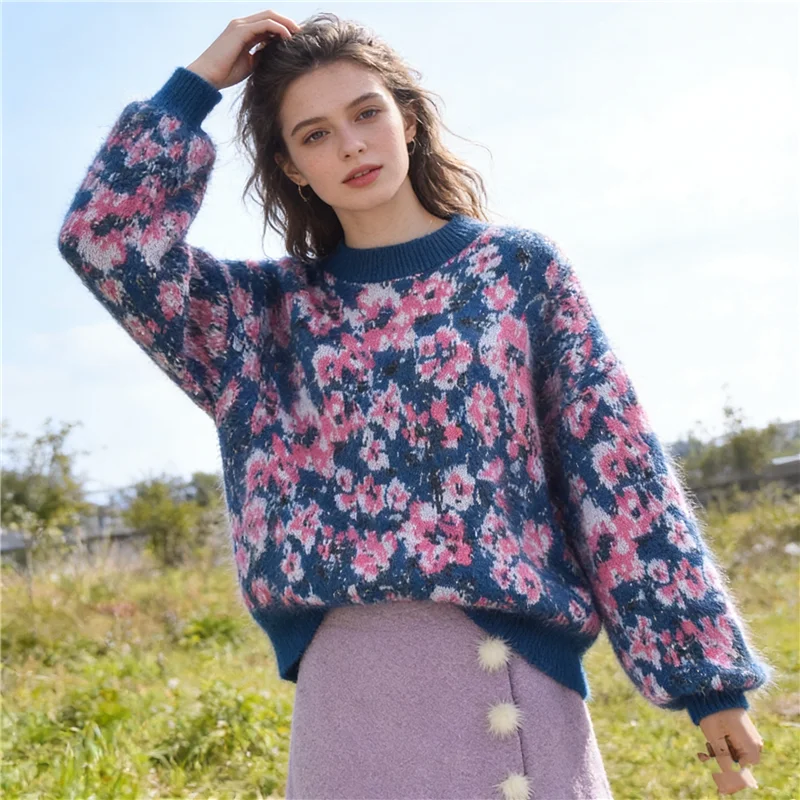 

Women Mujer Spring Autumn Thick Warm Angora Rabbit Hair Vintage Flower O-Neck Long Lantern Sleeves Loose Pullover Sweater Jumper