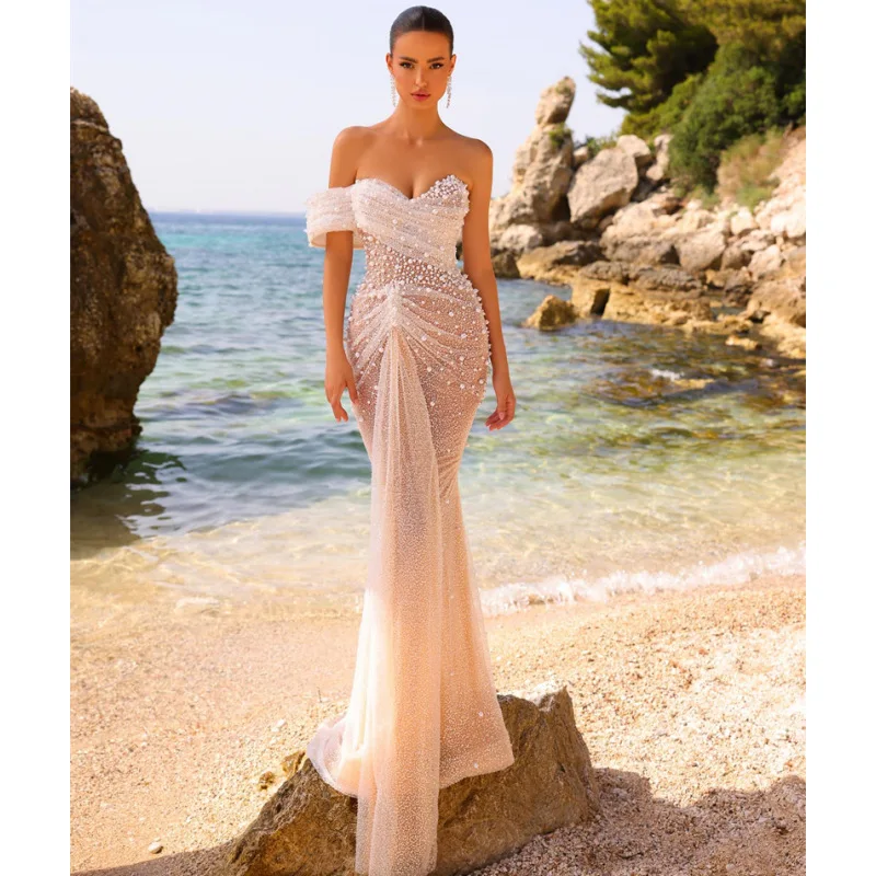 

New Arrival Beaded Sequin One-Shoulder Sleeveless Dress Elegant Wedding Proposal Evening Gown