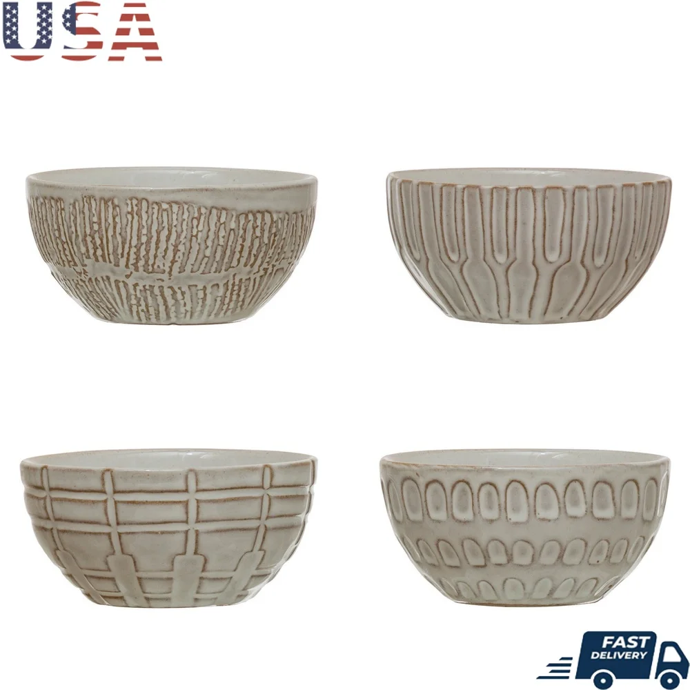 

Debossed Stoneware Bowl Set Unique Kitchen Tableware Microwave Dishwasher Safe Perfect Everyday Use or Entertaining