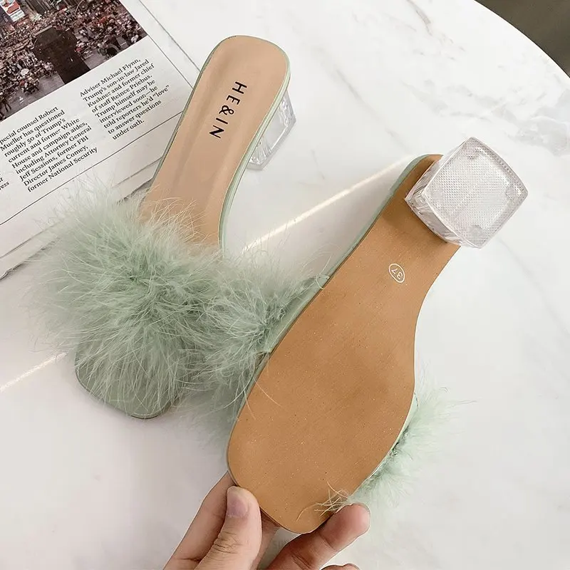 New Summer Fluffy Sexy High Heels Peep Toe Women Shoes Fur Feather Lady Fashion Wedding Slip-On Pink Square Toe Women Slippers