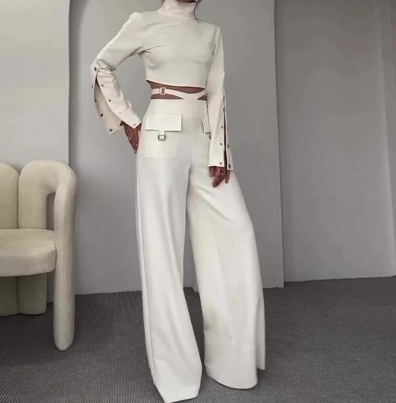 Women Two-Piece Suit 2024 Spring/summer Fashion High Collar Long Sleeve Solid Open Navel Sweet Spicy Tops Wide Leg Pants Set