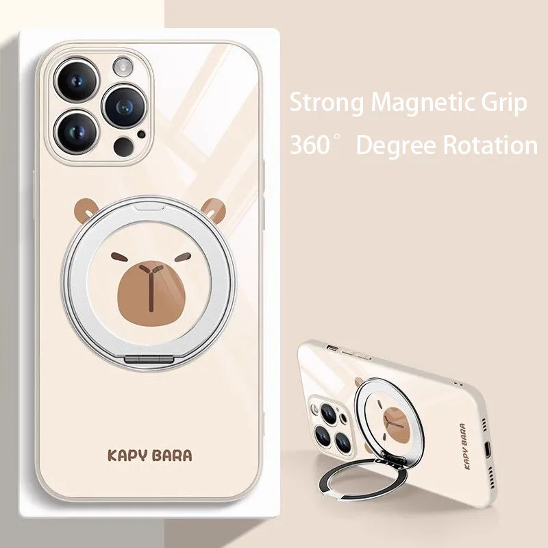 

New Vintage White Cute Capybara Phone Case with 360 Degree Rotatable Stand Strong Magnetic Grip Full Body Drop Protection Kawaii