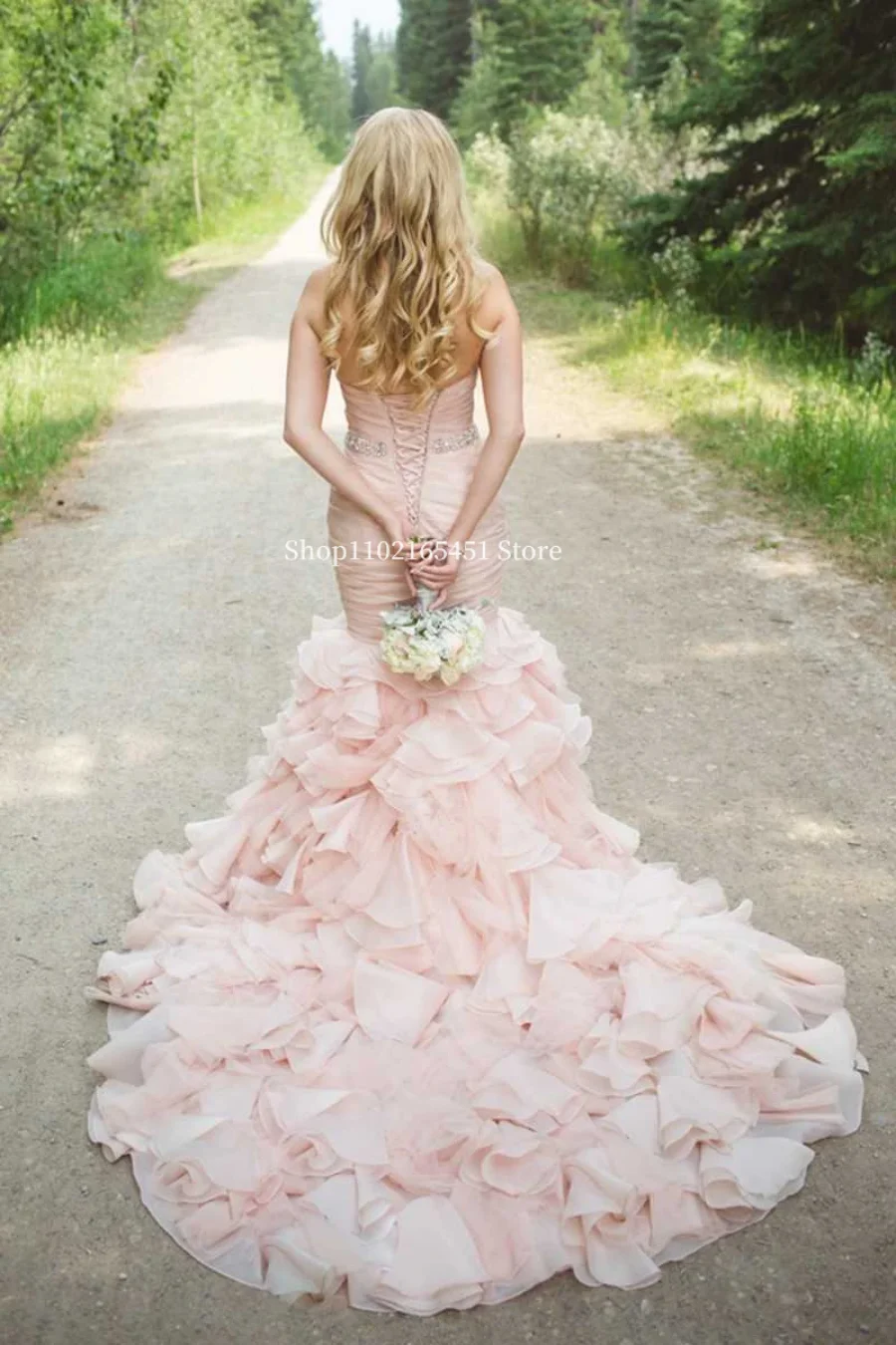 Vestidos De Novia De sirena rosa, cuello De corazón, falda escalonada, volantes, Princesa, cristal, talla grande