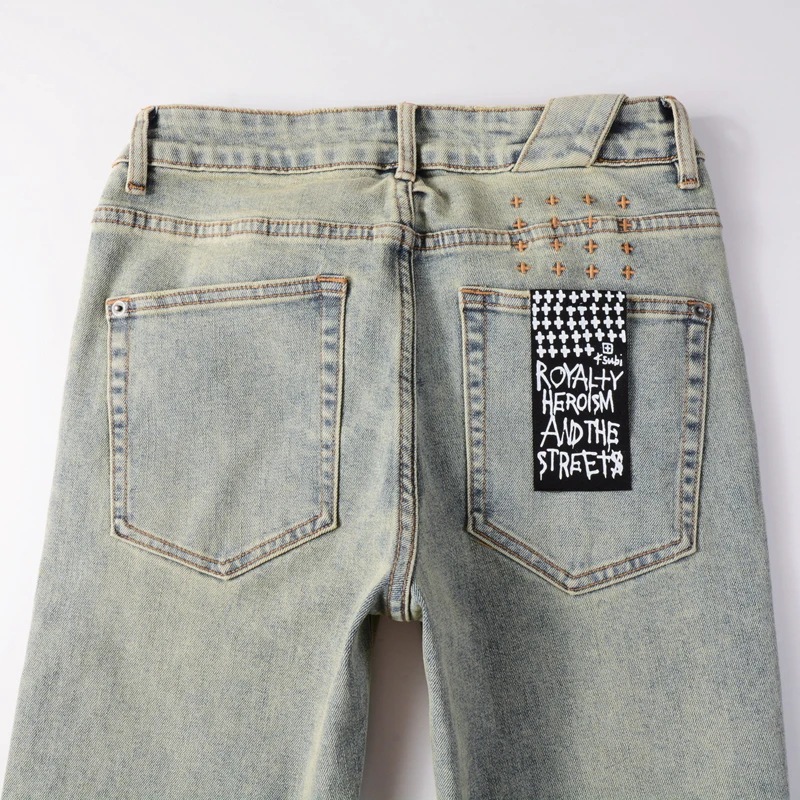 Neue Amerikanische High Street KSUBI Kreuz Gestickte Jeans Waschen Retro Schädel Druck Jeans Männer Stretch Dünne Hip Hop Streetwear