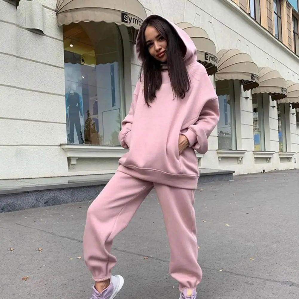 2 Pcs/Set Women Autumn Tracksuit Solid Color Loose Elastic Waist Thick Hooded Keep Warm Pocket Elastic Cuff Hoodie Pants Set