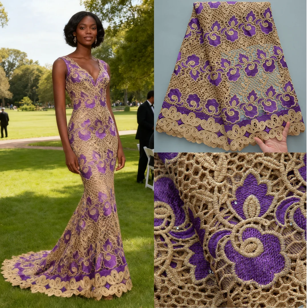 

SJD LACE African Cord Lace Fabric 5 Yards 2025 Latest Nigerian Water Soluble Stones Lace For Sewing Women Party DIY Dresses 4556