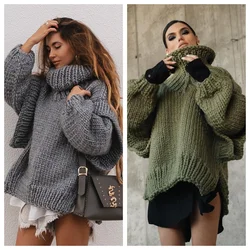 Women Casual Warm Winter Thick Sweater Fall Elegant Turtleneck Solid Knitted Jumper Femme Fashion Long Sleeve Loose Pullover Top