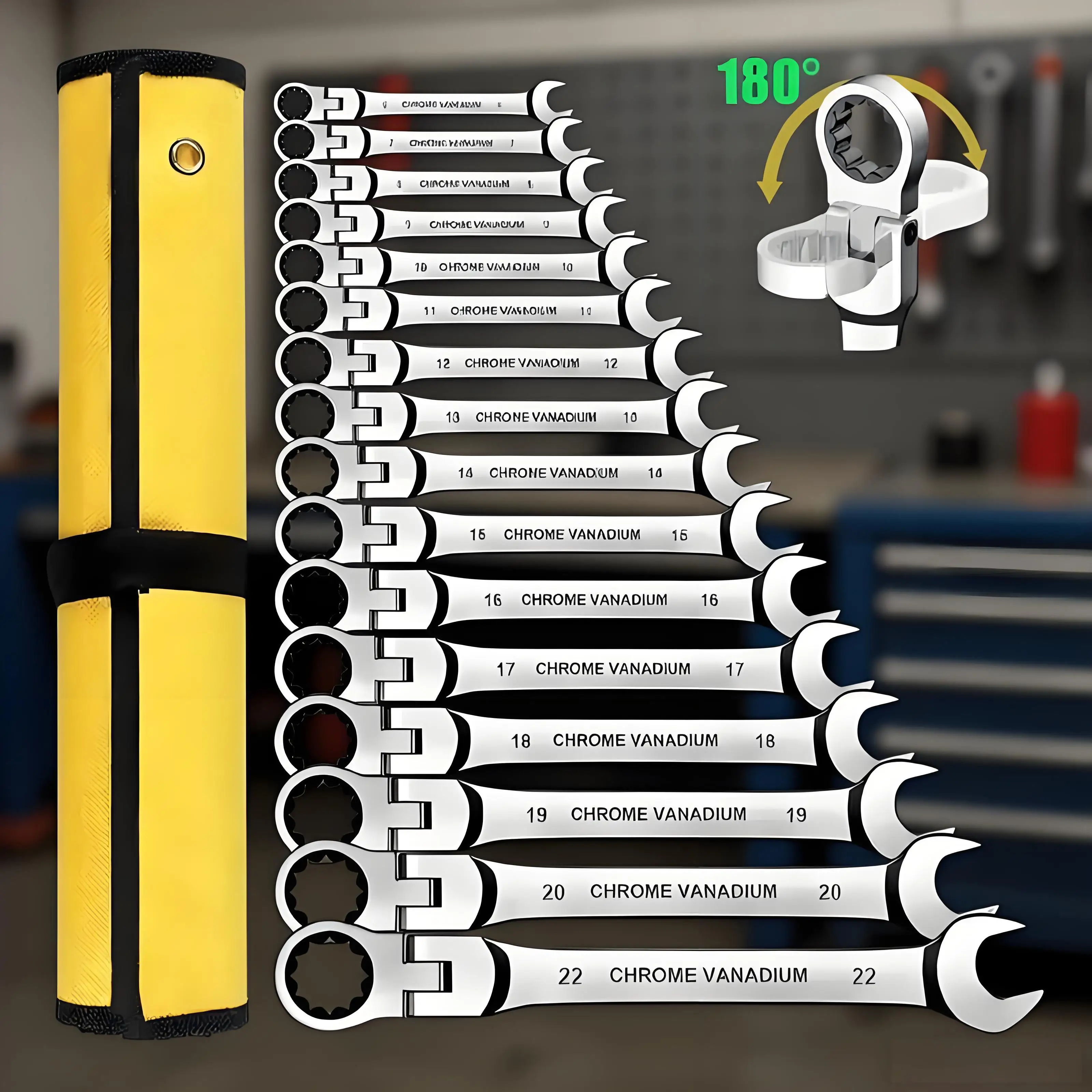 6-22mm Ratchet Combination Wrench Set with Bag, Chrome Vanadium Steel Sockets Included