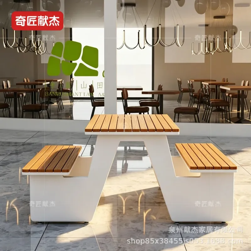 One Piece Plastic Wood Dining Table with Umbrella Hole Outdoor Anti Corrosion Leisure Table and Chair Set for Cafe Balcony