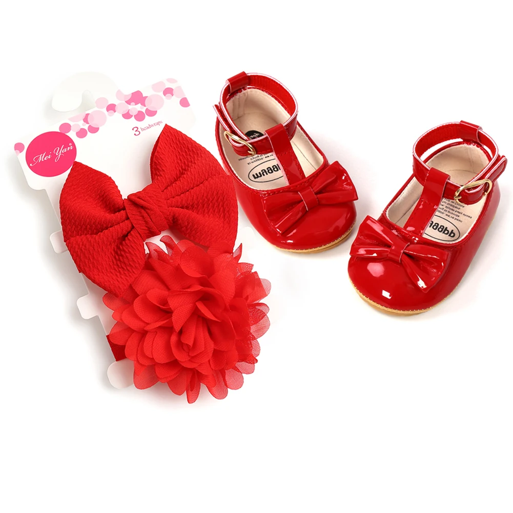 Zapatos de boda de princesa con lazo para niñas, zapatillas de bebé recién nacido con diademas, zapatos planos Mary Jane, 0-18M