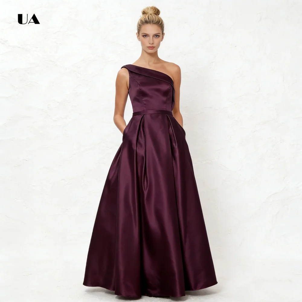 ULBYANRY 비대칭 접이식 칼라가 있는 민소매 A라인 댄스 파티 드레스, 솔리드 새틴 이브닝 드레스, 심플한 맞춤형 파티 드레스