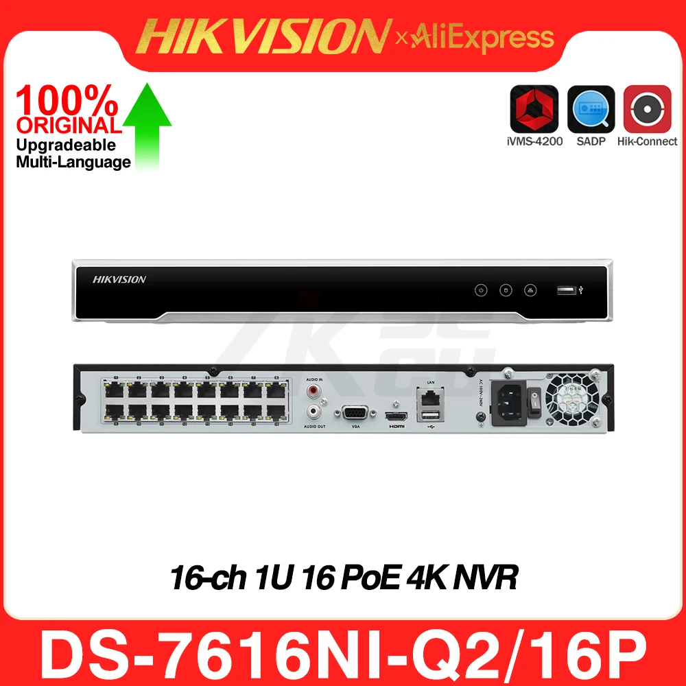 Hikvision NVR DS-7616NI-Q2/16P 4K 1U 16CH 16POE Network Video Recorder MD2.0 Security CCTV 2 SATA interfaces 8T/SATA MAX H.265+