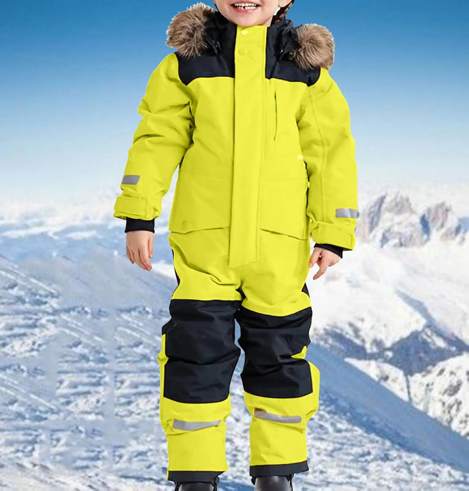 Tuta da sci monopezzo per ragazzi e ragazze calda ispessita foderata in pile impermeabile per esterni alla moda per bambini