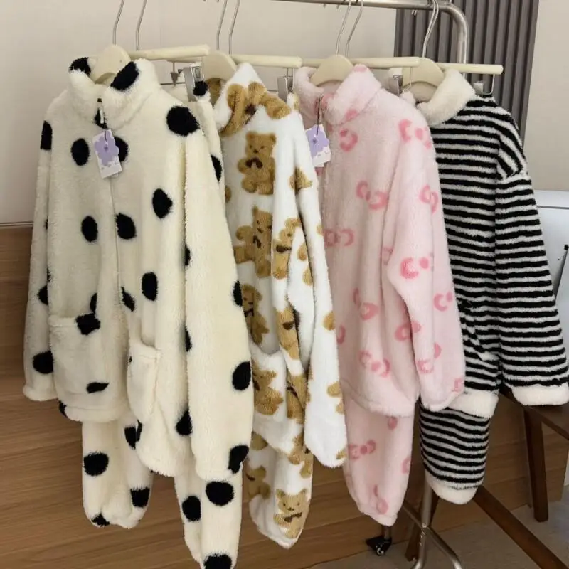 

Half Side Fleece Pajamas Women Homewear Set Flannel Coral Fleece Warm Winter Nightwear Women New Cozy Loungewear Cute Kawaii