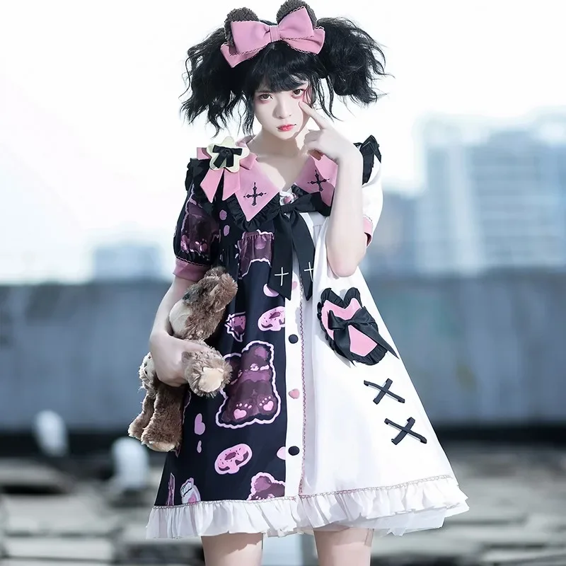 Robe Punk Gothique Foncé à Manches Courtes pour Femme, Imprimé Ours Lolita, Mode Kawaii, Doux, Quotidien, Nouvelle Collection