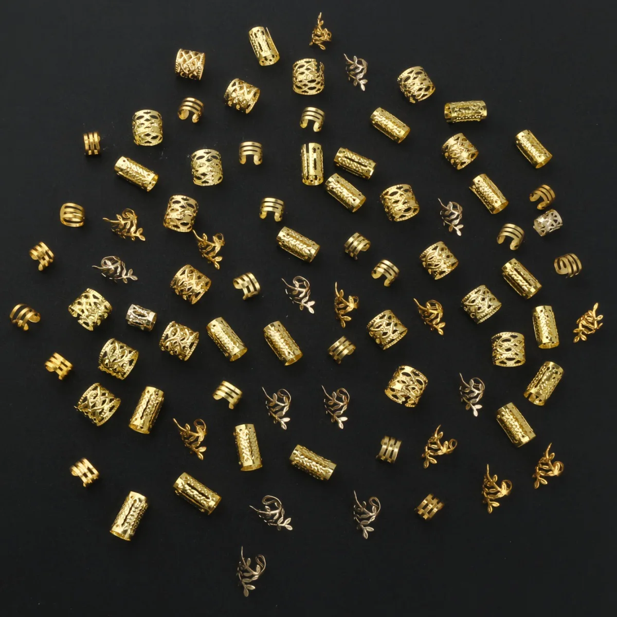 40개/봉지 골든 올리브 가지 모양 속이 빈 드레드락 가발 헤어 링 세트 - DIY 가발 드레드 브레이딩 헤어 액세서리 부품