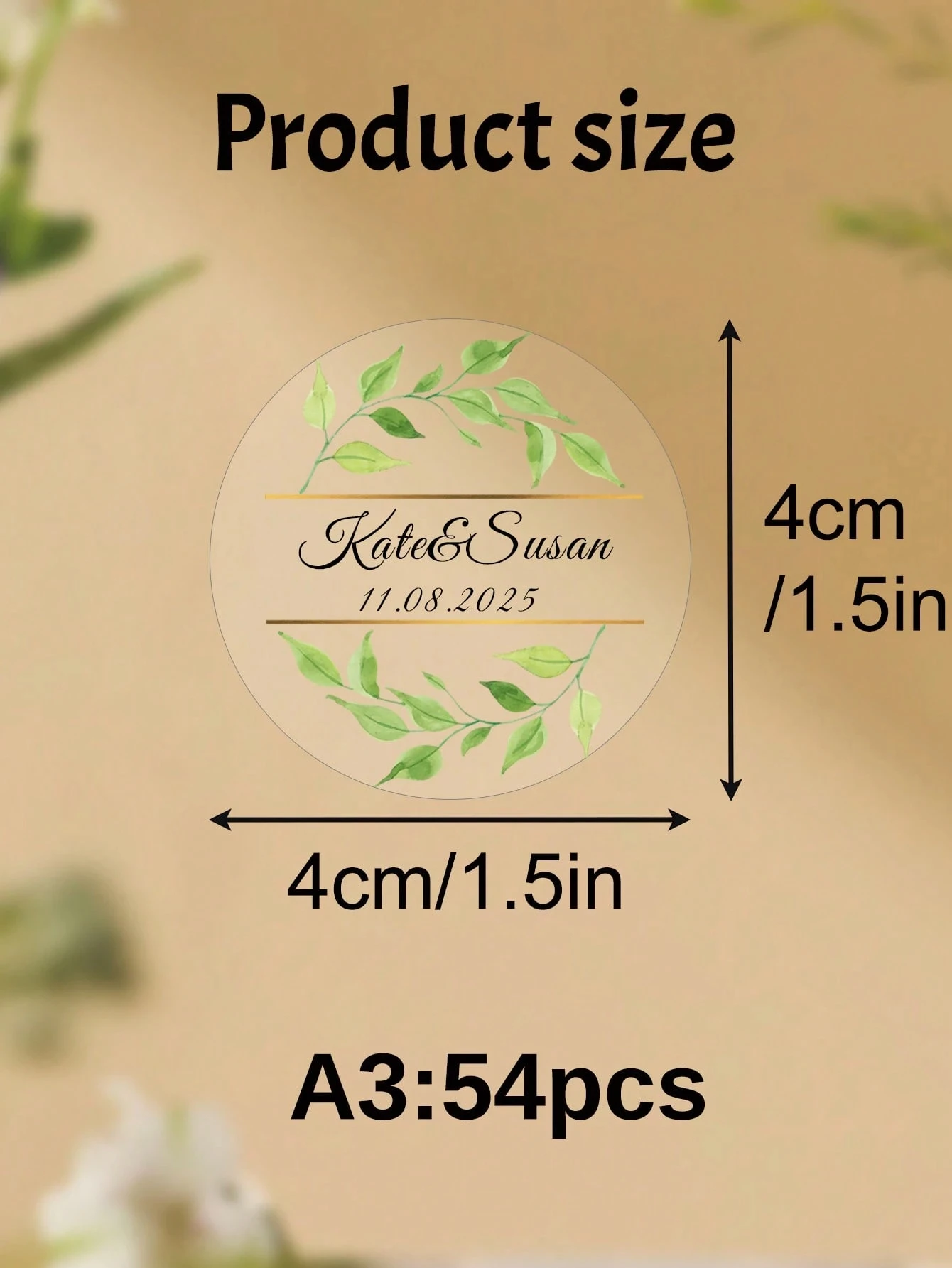 54-540 pezzi 4 cm etichette di nozze personalizzate trasparenti, adesivo di nozze circolare personalizzato, design foglia verde, nome personalizzato e adesivo data