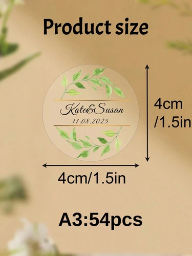 Imagen 2 del producto 54-540 Uds. Etiquetas de boda personalizadas transparentes de 4CM, pegatina de boda circular personalizada, diseño de hoja verde, pegatina de nombre y fecha personalizada
