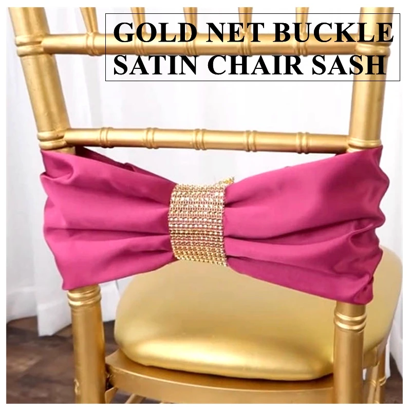 Chiavari Banquet Satin Chair Sash Tie Bow With Gold Net Buckle For Banquet Wedding Event Decoration