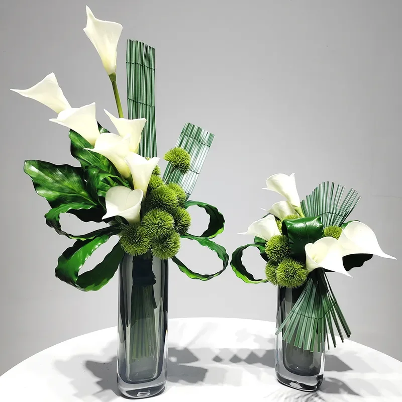 Modern Creative Glass Vase with Artificial Flowers for Living Room Dining Table Home Decor Green Plant Arrangement Ornament