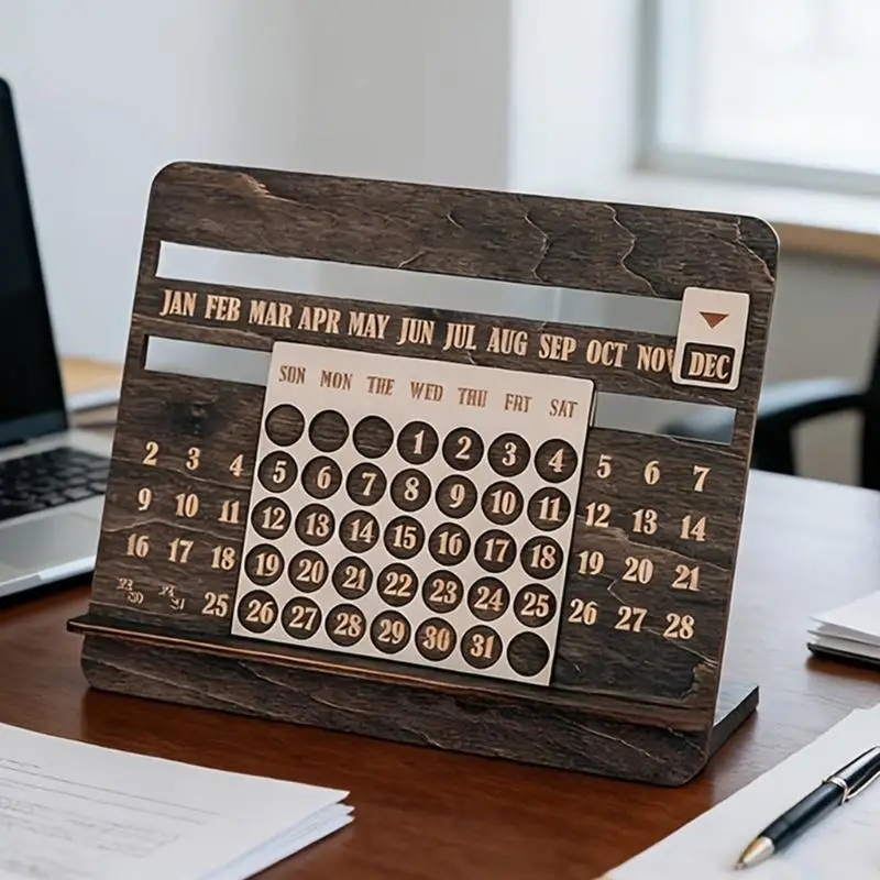 Wooden Desktop Undated Permanent Calendar with Manual Month and Date Display, Adjustable Date Reference for Desks D2RC