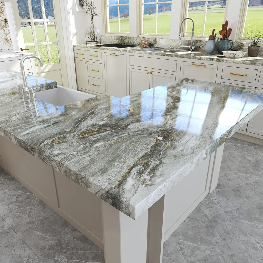 ورق اتصال مقاوم للماء قابل للتقشير واللصق بنمط رخامي باللون الرمادي والذهبي لأسطح المطبخ والحمام، مقاس 160 × 36 بوصة #2