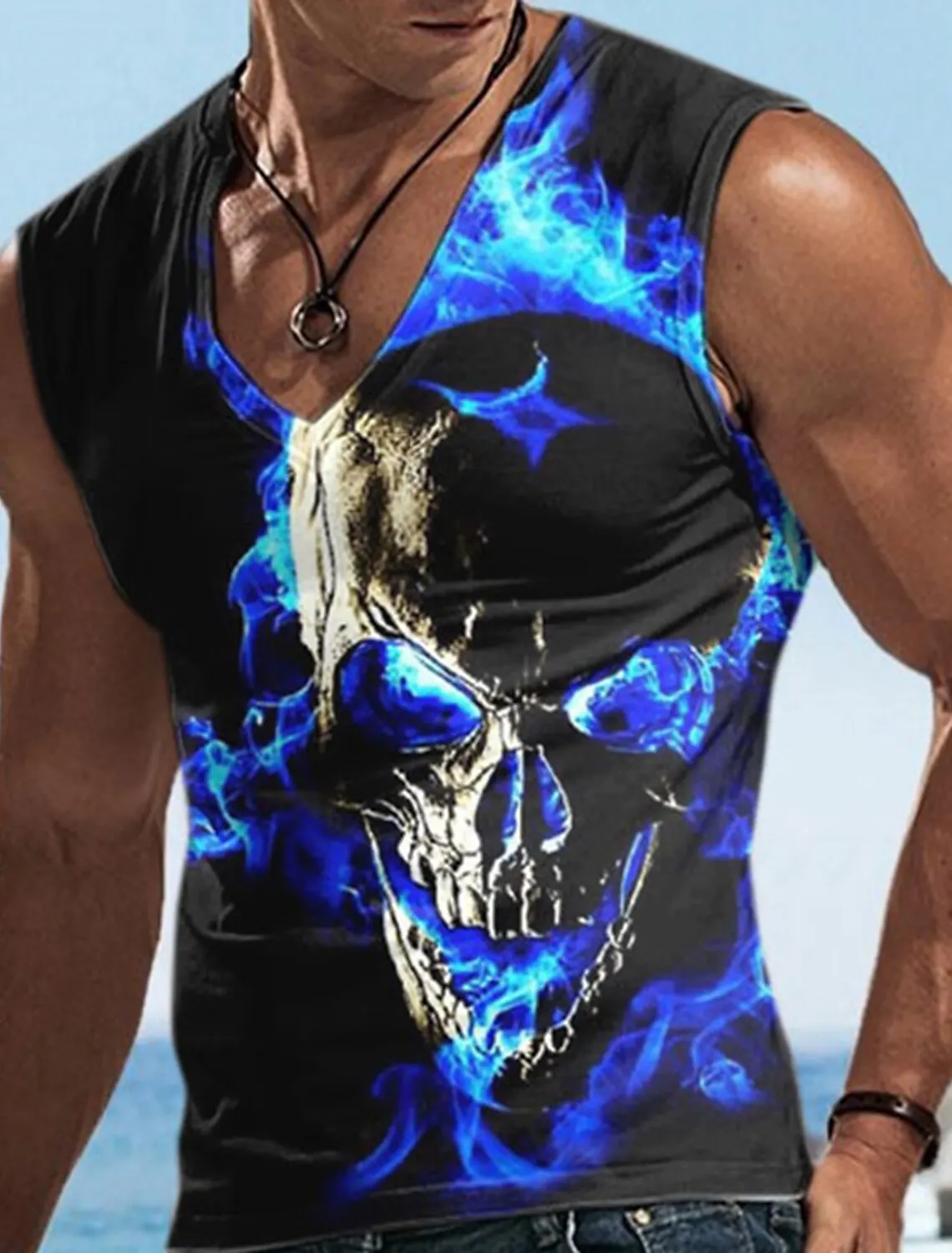 Skull Men\'s T Shirt 3D Hellfire Print Street Designer Men\'s 2023 Daily Casual Sleeveless Tank Loose Plus Size Sweatshirt