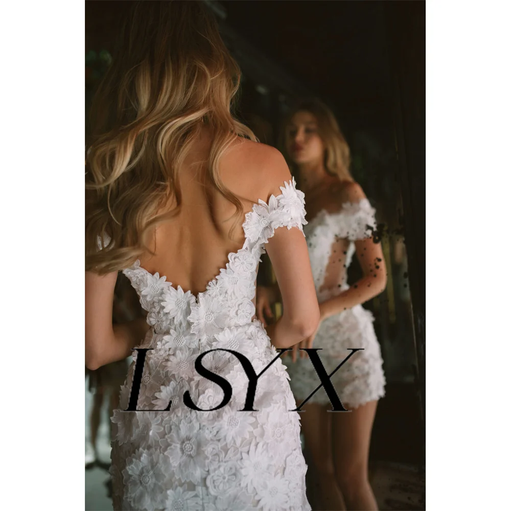 LSYX Customized V-Neck Off-Shoulder 3D Flower Appliques Mini Wedding Dress For Women Open Back Above Knee Short Bridal Gown