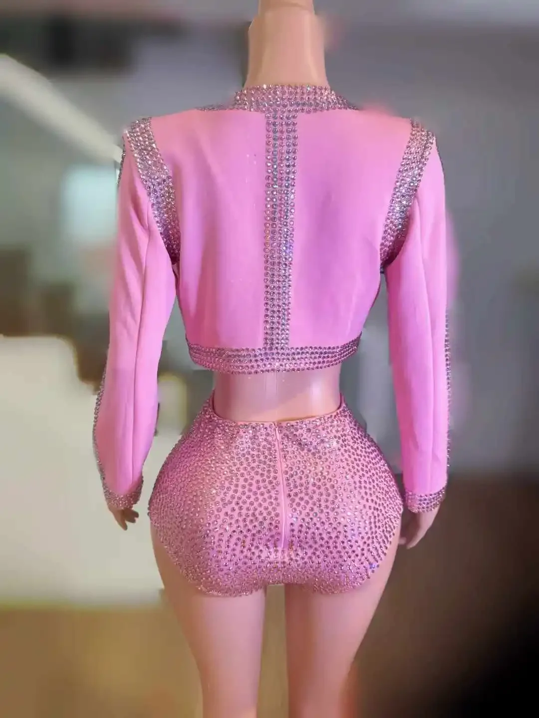 Feminino rosa 3 peças conjunto sexy drag queen outfit strass aniversário night club traje