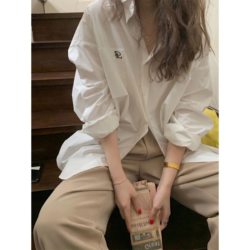 

Loose Casual White Shirt Women's Korean Style Spring Autumn Small Size Layered Top Commute Style Collar Long Sleeve