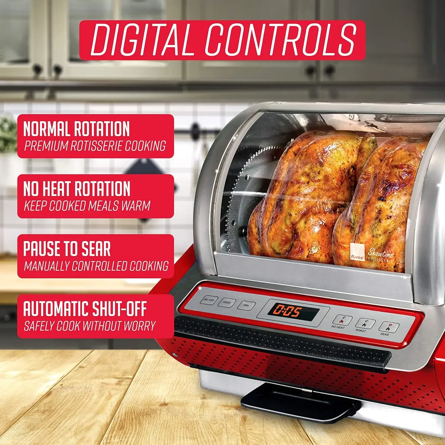 Showtime EZ-Store Large Capacity Rotisserie & BBQ Oven, Digital Controls, Compact Storage, Perfect Preset Rotation Speed, Self-B