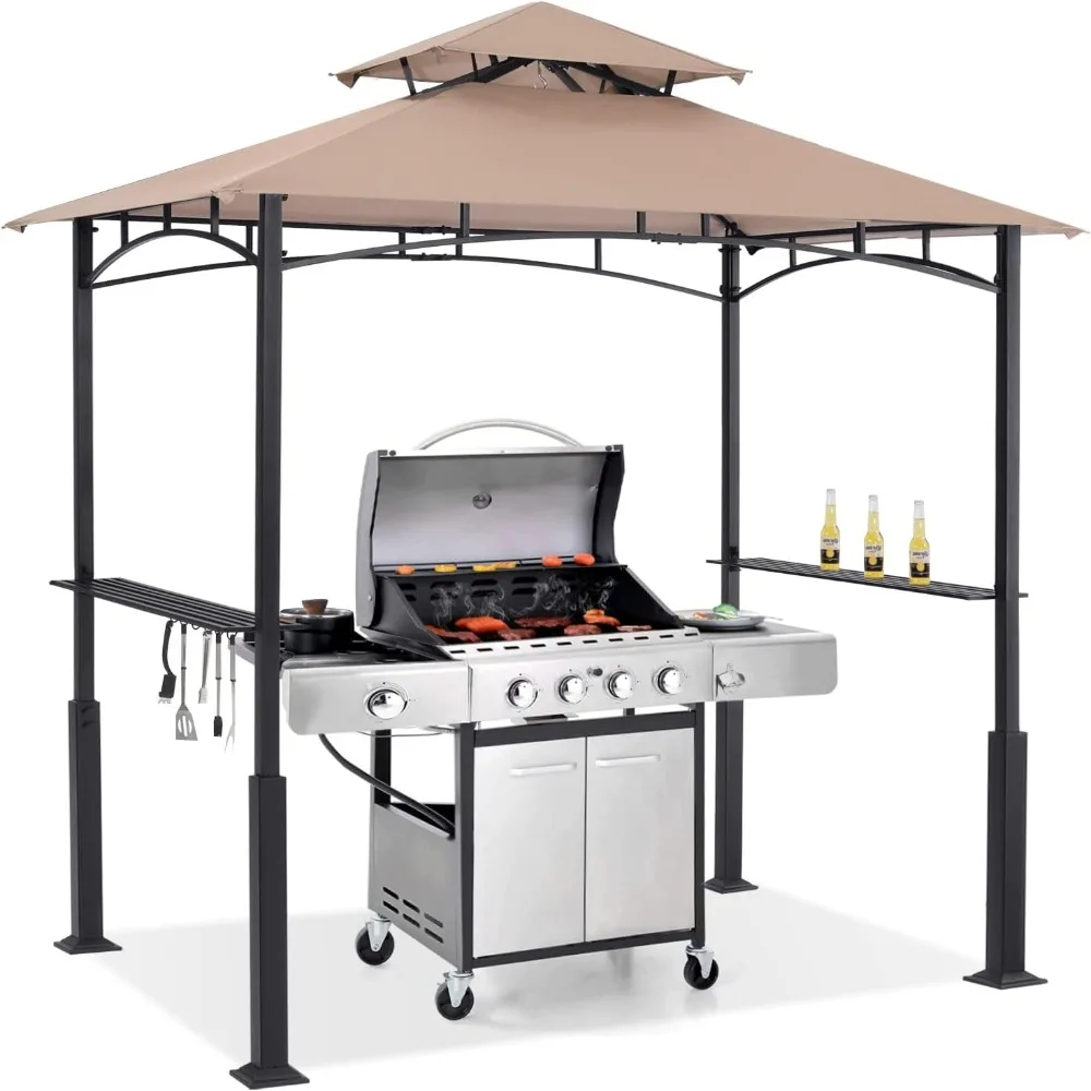 

8x5 Grill Gazebo - Outdoor BBQ Canopy Shelter with Led Light for Patio Backyard Grilling (Khaki)