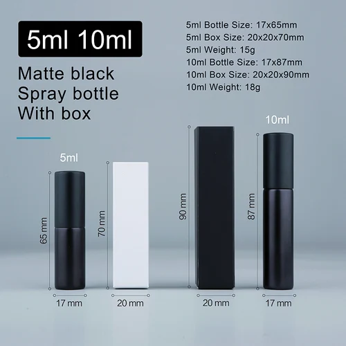 Imagen 2 del producto 50/100 Uds 5ml 10ml botella de Perfume negro mate con caja de embalaje atomizador botellas de muestra de Perfume vacías logotipo personalizado pagar Extra