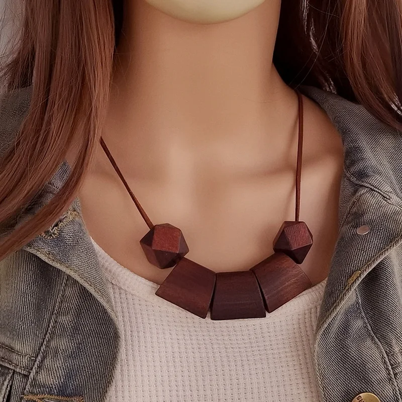 Women's Boho Chic Natural Wood Geometric Pendant Necklace with Wax Cord Handmade Irregular Vintage Bohemian Jewelry for Women