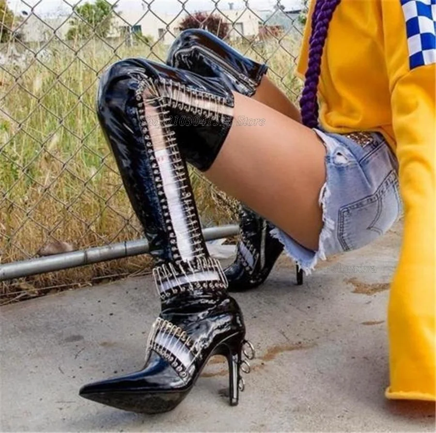 

Black Shiny Leather Thigh High Boots Sexy Paperclip Design Boots over Knee Women Retro Fashion Knee High Boots Big Size 2023