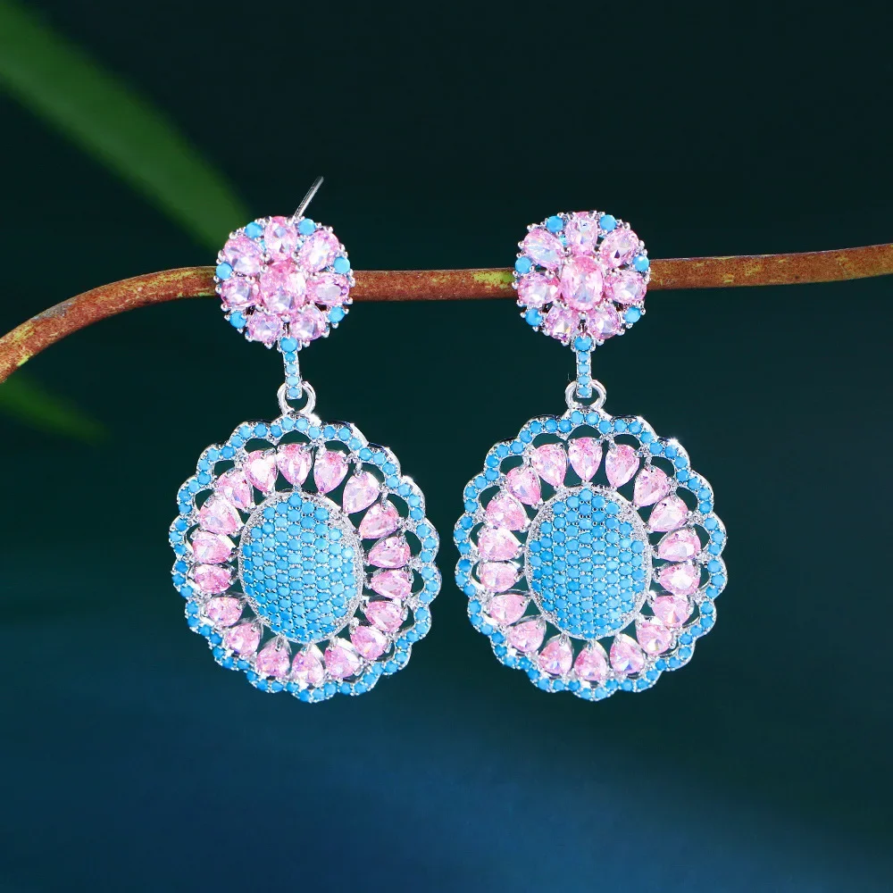 

French Luxurious S925 Silver Needle Flower Bilateral Earrings Oval Hollow Blue Pink 5A Cubic Zirconia Stone for Women Jewelry