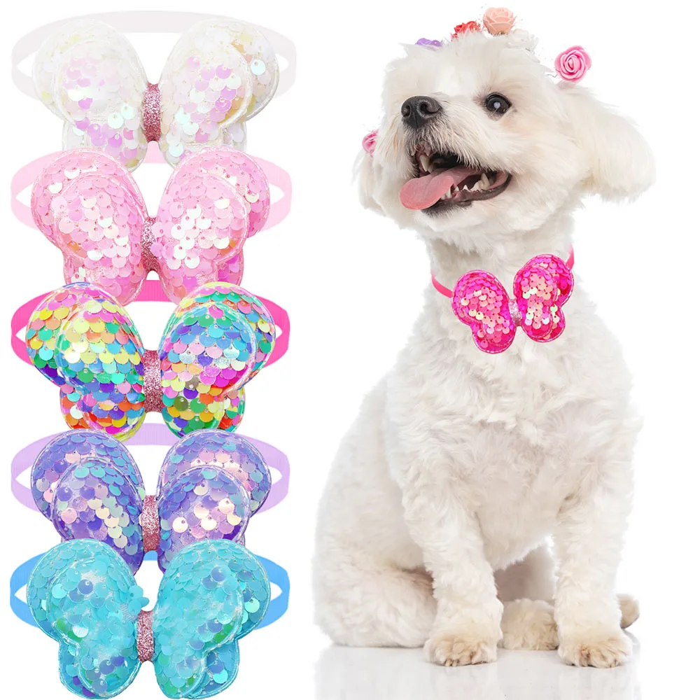 

10PCS Butterfly Shape Dog Bowties Adjustable Fashion Sequins Pet Collars For Dogs Dazzling Dog Bow Ties Collars Pet Accessories